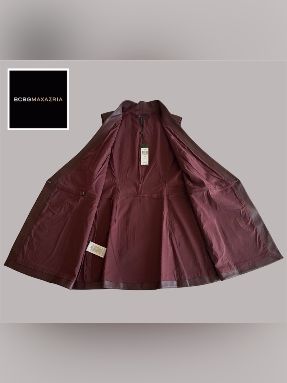 BCBGMAXAZRIA - Short Faux Leather Wrap Dress in BORDEAUX - Picture 7 of 11